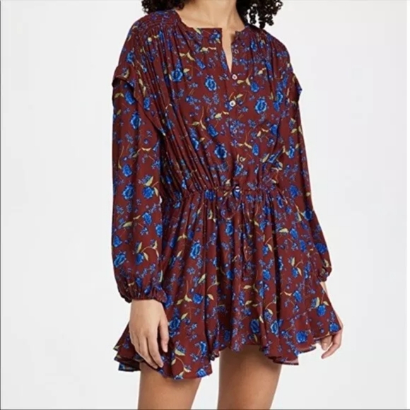 Free People Red Burgundy Flower Fields Mini Button Up Dress Womens Size Small - Picture 1 of 13